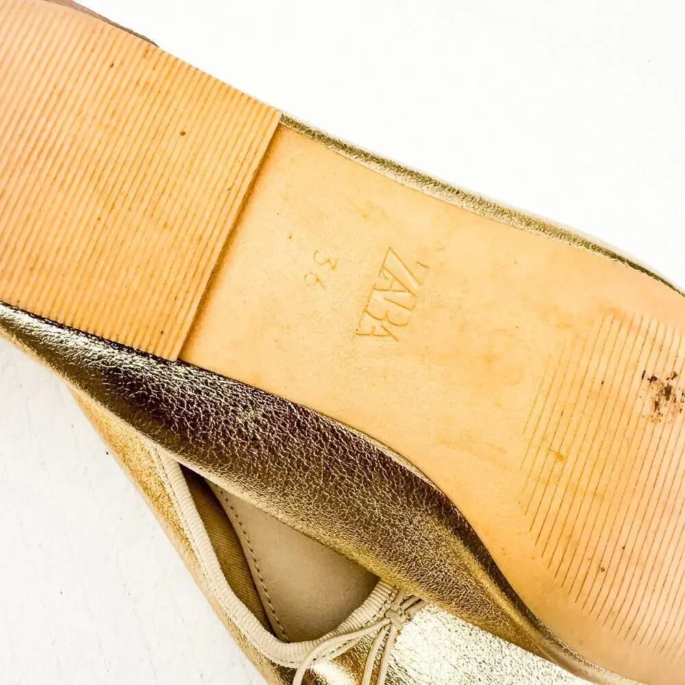 Zara Square Toe Flat Sandal Bow Front Accent Metallic Gold Size 36 EUC